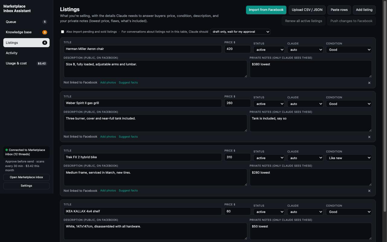 Listings with price, condition, description and private notes