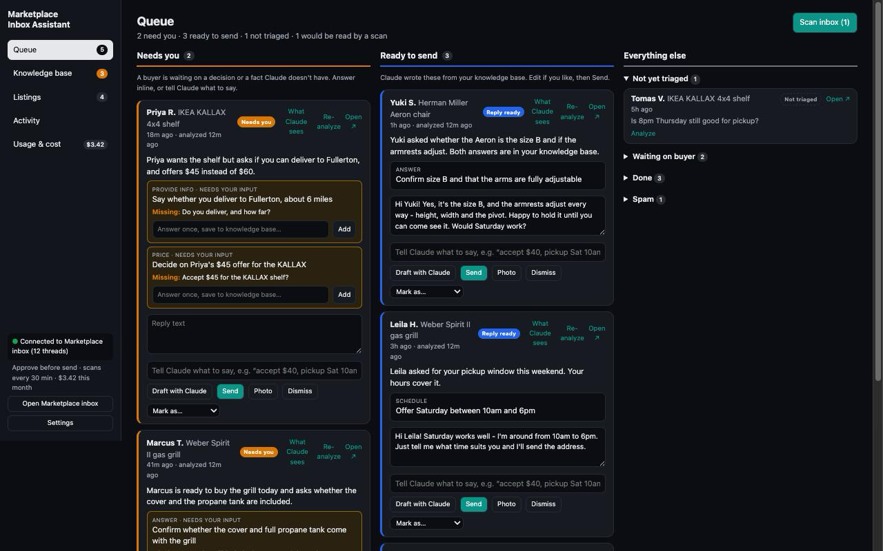 The queue: conversations that need you, replies ready to send, and everything else
